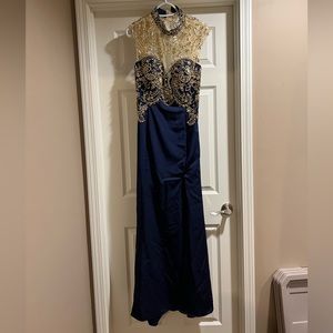 Navy blue and gold size 14 evening gown by abby Paris